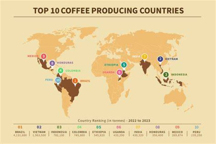 What are top three 3 countries known for producing coffee?
